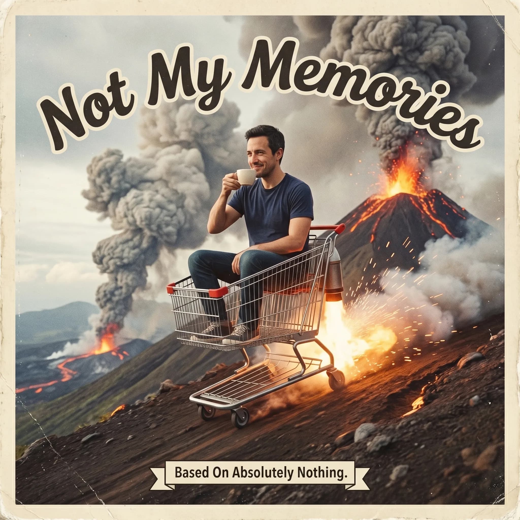 Book cover: the same man drinking coffee while riding a cart down a volcano