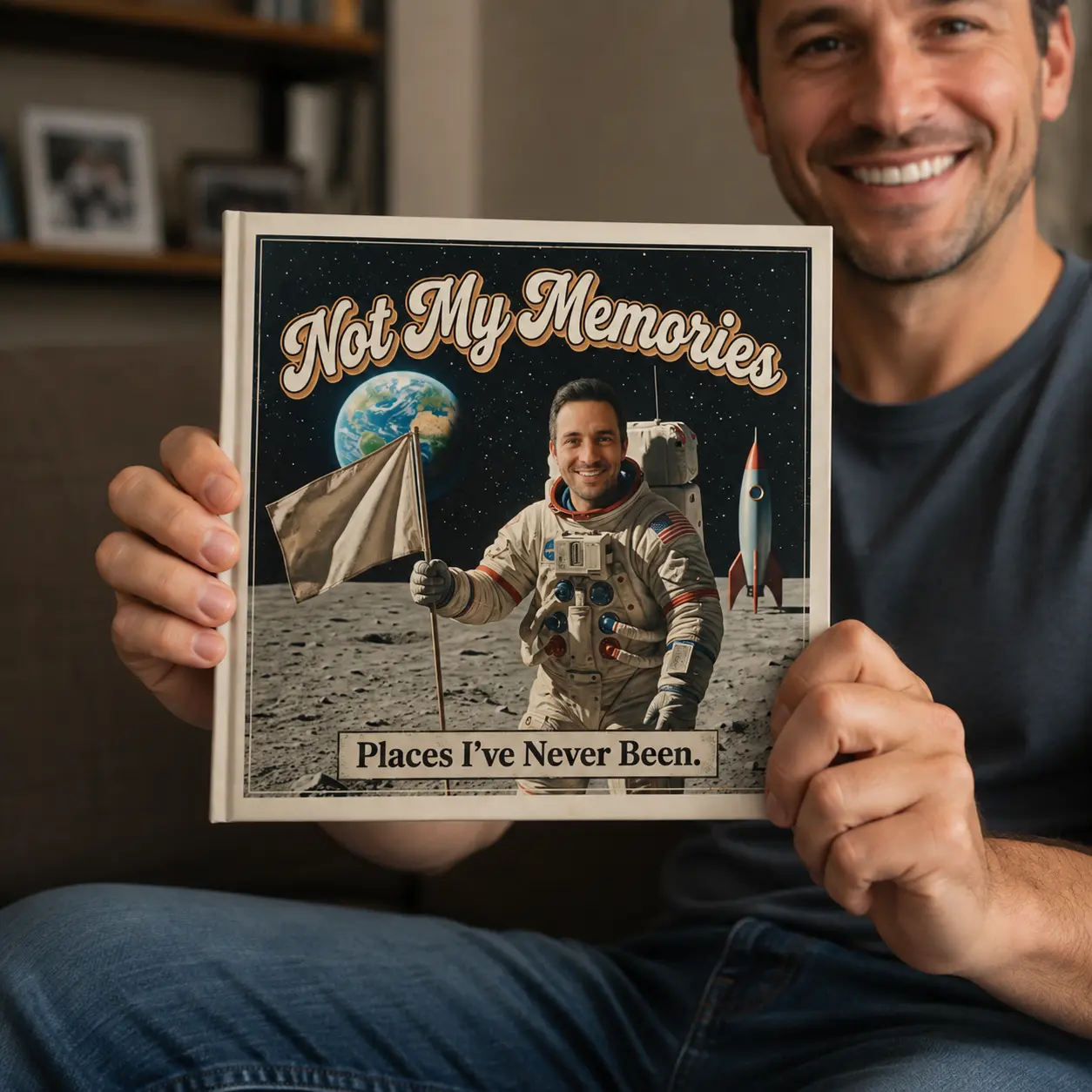 A happy man holding his funny photo book — the cover shows him on the moon